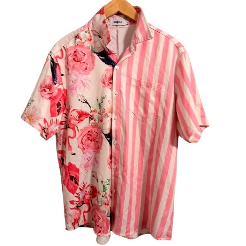 Vatpave Button Down Shirt Mens Medium Pink Floral Flamingo Striped Split Design
